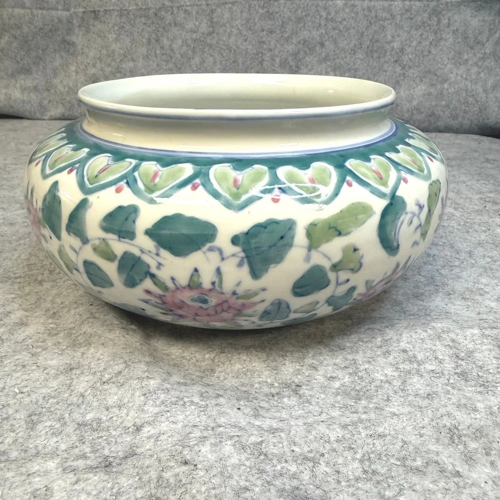Vintage Chinese Porcelain Floral Bowl Hand Painted Pink Green Lotus Ginger Jar